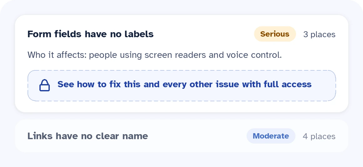 Sample free report. The issue "Form fields have no labels" shows who it affects, and its fix steps are locked behind full access. A second issue, "Links have no clear name", is listed below it.